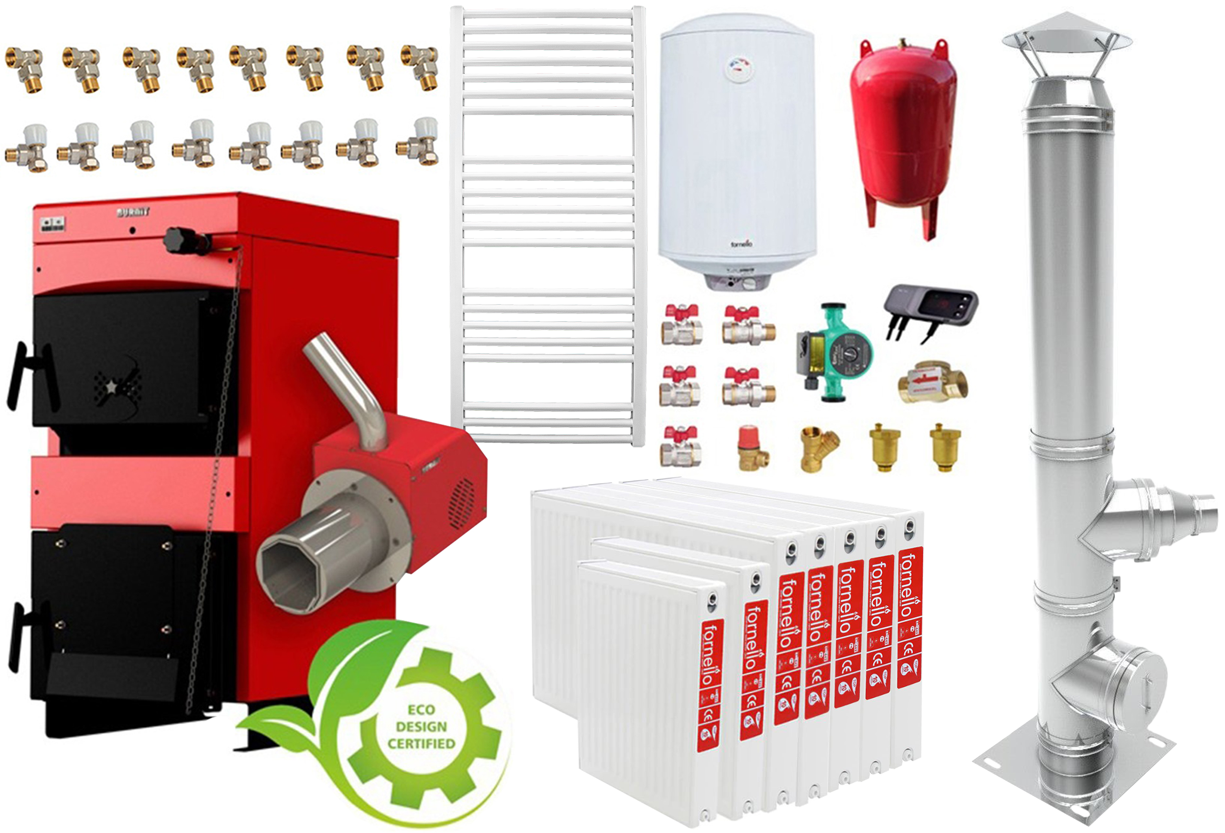 Oferte la Pachet incalzire si apa calda 6 camere Centrala mixta combustibil solid si peleti Burnit NWB MAX 55 kW si Arzator pe peleti Pell Eco 35 kW calorifere cos inox pompa circulatie evp 25-60 vas expansiune 50 l boiler termoelectric Fornello 120 l si