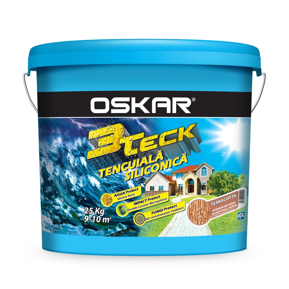 Oferte la Tencuiala decorativa siliconica Oskar 3Teck, aspect scoarta de copac, granulatie 1.5 mm, interior/exterior, terracota, 25 kg