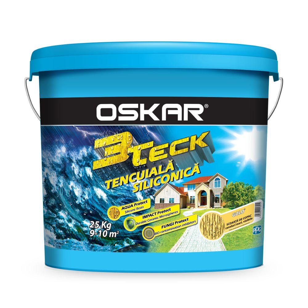 Oferte la Tencuiala decorativa siliconica Oskar 3Teck, aspect scoarta de copac, granulatie 1.5 mm, interior/exterior, gold, 25 kg