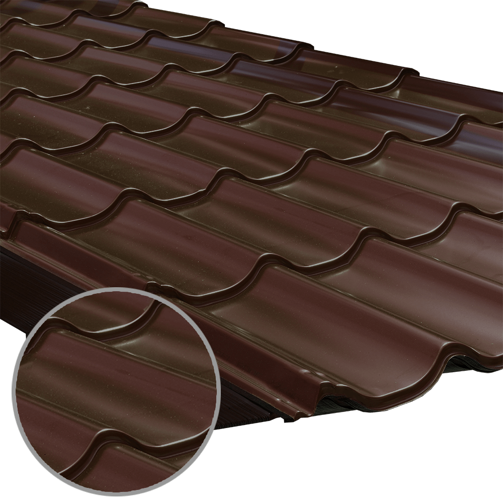 Oferte la Tigla metalica Durako Riva, maro, RAL 8017, lucios, grosime 0,45 mm, 0,395 x 1,180 m