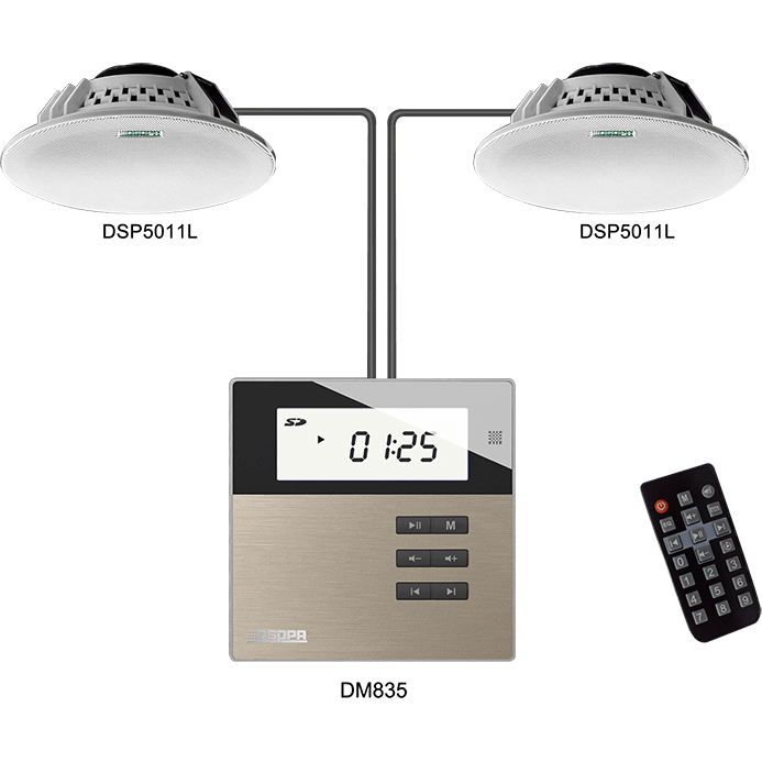 Oferte la Sistem M2U cu Amplificator 2x10W  De Perete DM835W (USB/SD/FM/BT)  + 2x Boxe De Tavan 2x10W  DSP5011L