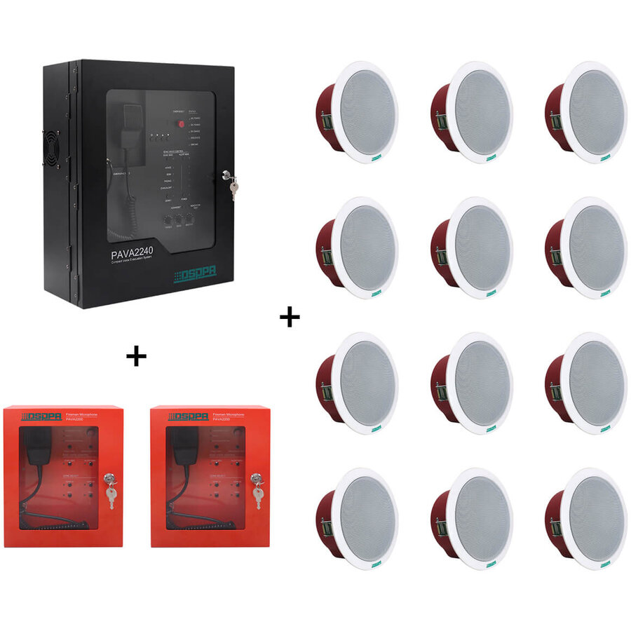 Oferte la Sistem Sonorizare de Evacuare EN54 cu 2 Zone 240W DSPPA PAVA 2240 + 2x Microfon Pompier + 12 x Boxe De Tavan 10W