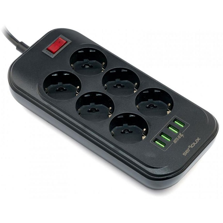 Oferte la Prelungitor cu protectie Serioux, 6 prize schuko, input 100-240V, 50- 60Hz, output (Total): 2500W - 10A, 4 porturi USB, 4 porturi SRXP-PS66B