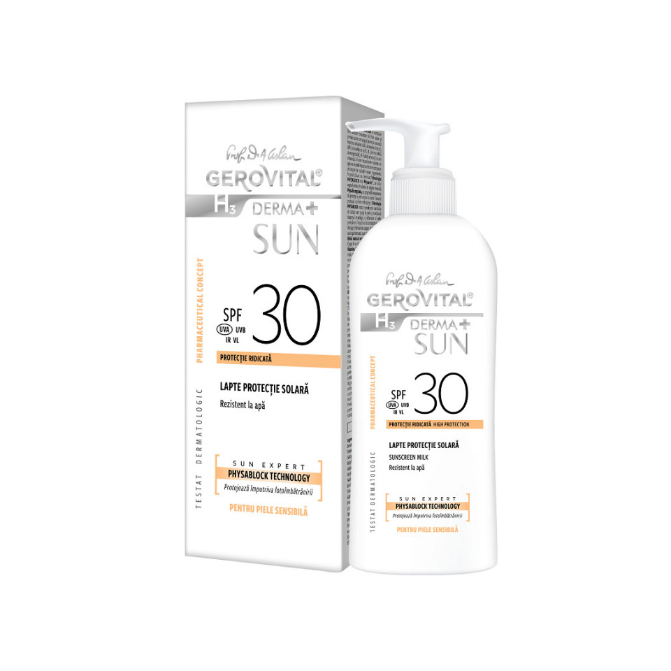 Oferte la Lapte pentru protectie solara Gerovital H3 Derma+ Sun, cu SPF30, 150 ml