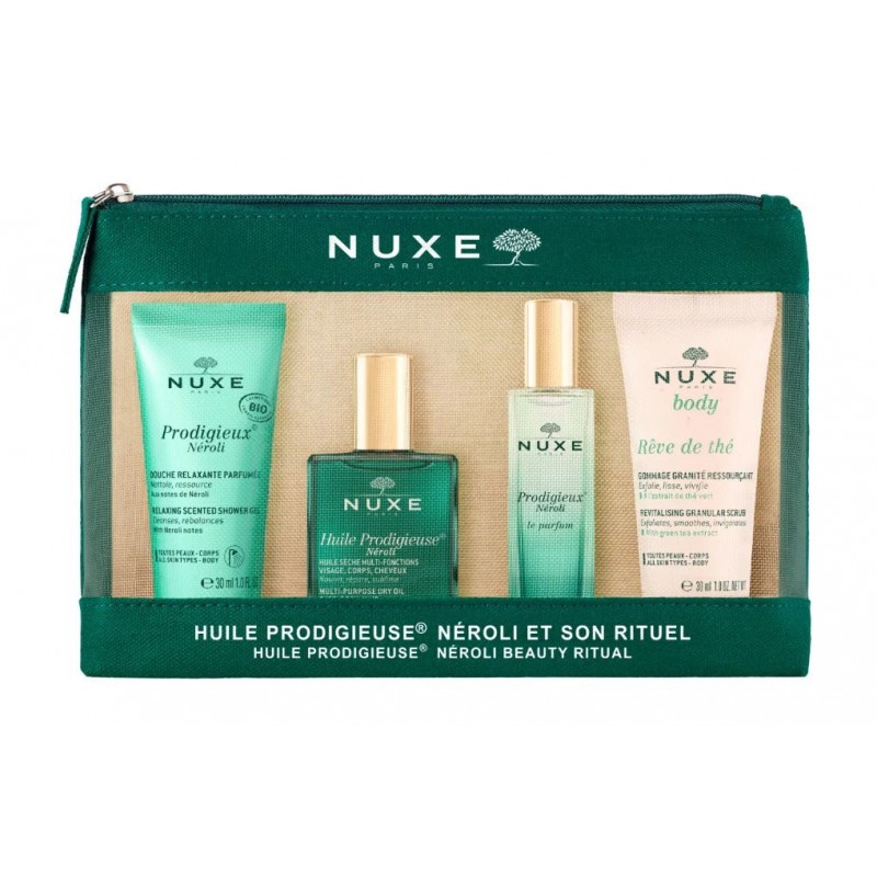 Oferte la Set de Calatorie Nuxe: Prodigieux Neroli, Femei, Apa de Parfum, 15 ml parfum + Gel de Dus 30 ml + Reve de The, Exfoliant Vegan 30 ml + Ulei Multifunctional, 10 ml