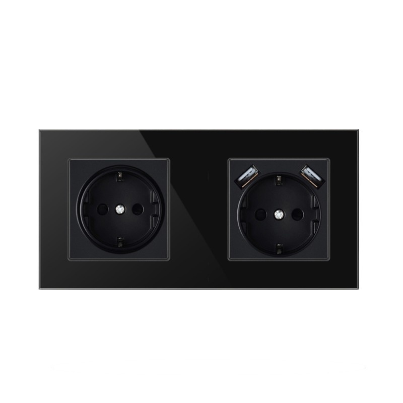 Oferte la Priza Techstar® Crystal TSU2, Dubla, 2 x USB, 2.1 A, Culoare Negru Onyx, Sticla Securizata, 16A