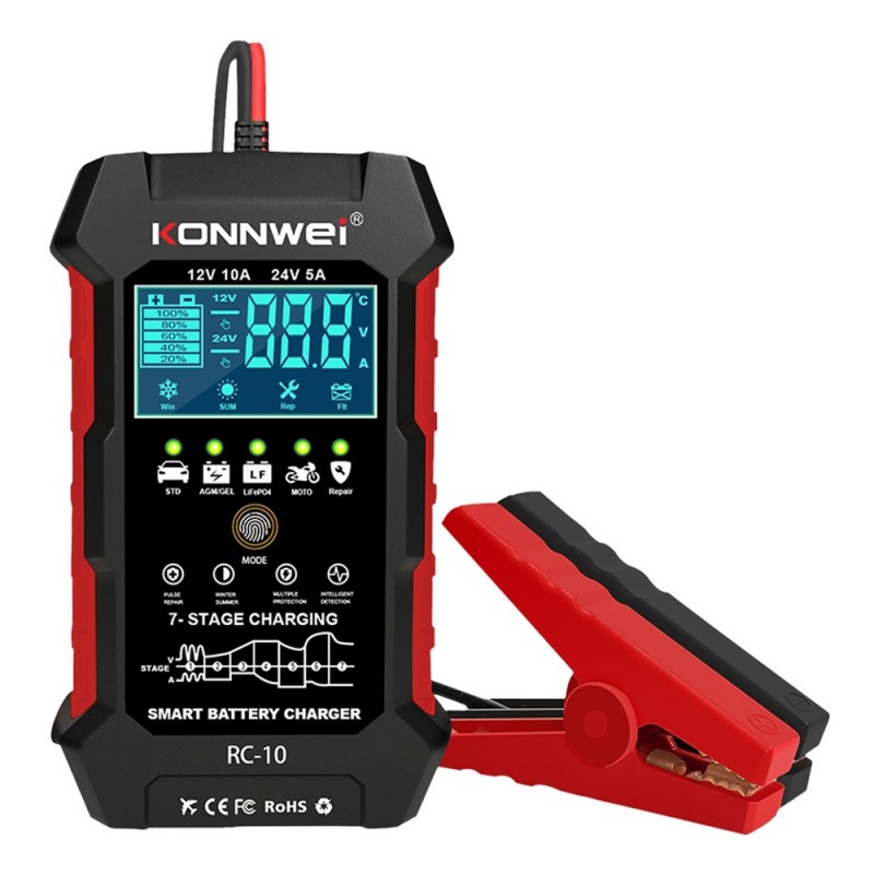 Oferte la Incarcator inteligent pentru baterii auto Konnwei RC-10, 12V/24V, 5A/10A, Afisaj LCD, Functie Puls Reparare al Bateriei, Compatibil Baterie Li Ion Lifepo4, baterii cu gel, plumb acid, Rosu/Negru