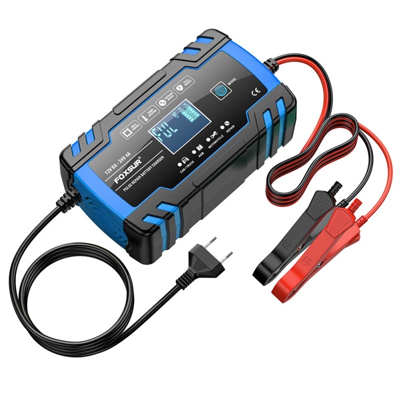 Oferte la Incarcator Baterie Auto Cu Microprocesor Foxsur B0228-L, 12/24V, 4/8A, Display LCD, Functie De Reparare Cu Puls, 170x98x58mm, Albastru