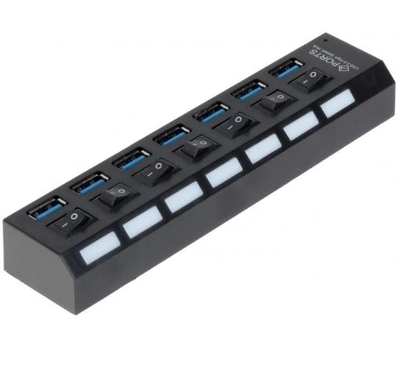 Oferte la USB Hub Techstar® HB6, 3.0 High Speed, 7 Port USB 3.0, Buton On/Off, Conexiune USB 3.0 de mare viteza