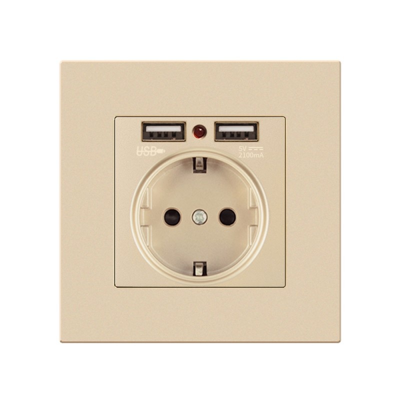 Oferte la Priza de Perete cu 2 Porturi USB Techstar® TS-PC, 110-250V, 16A, Ignifuga, 86x86mm, Auriu