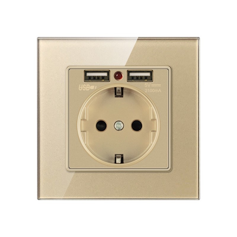 Oferte la Priza de Perete cu 2 Porturi USB si Rama din Sticla Techstar® TS-GL, 110-250V, 16A, Ignifuga, 86x86mm, Auriu