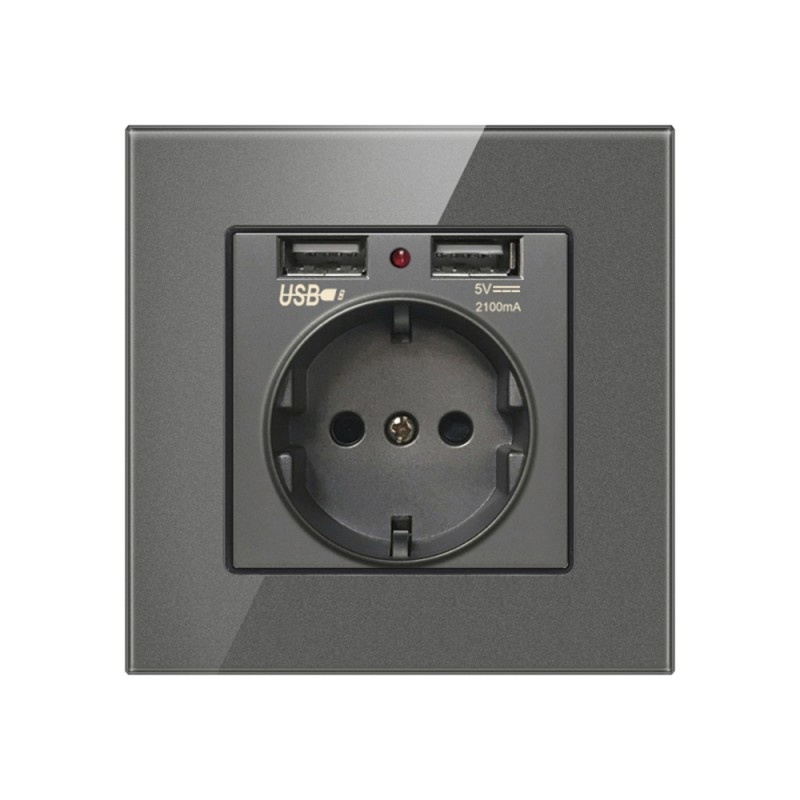 Oferte la Priza de Perete cu 2 Porturi USB si Rama din Sticla Techstar® TS-GL, 110-250V, 16A, Ignifuga, 86x86mm, Gri