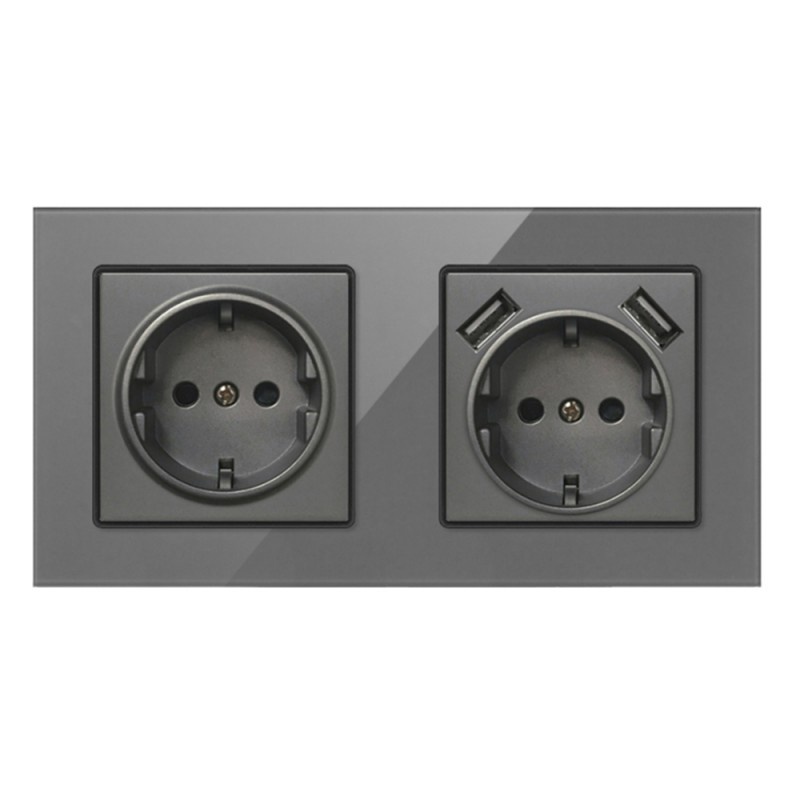 Oferte la Priza Dubla De Perete Cu 2 Porturi USB Si Panou Din Sticla Techstar® TS-G, 110-250V, 16A, Ignifuga, 80x151mm, Gri