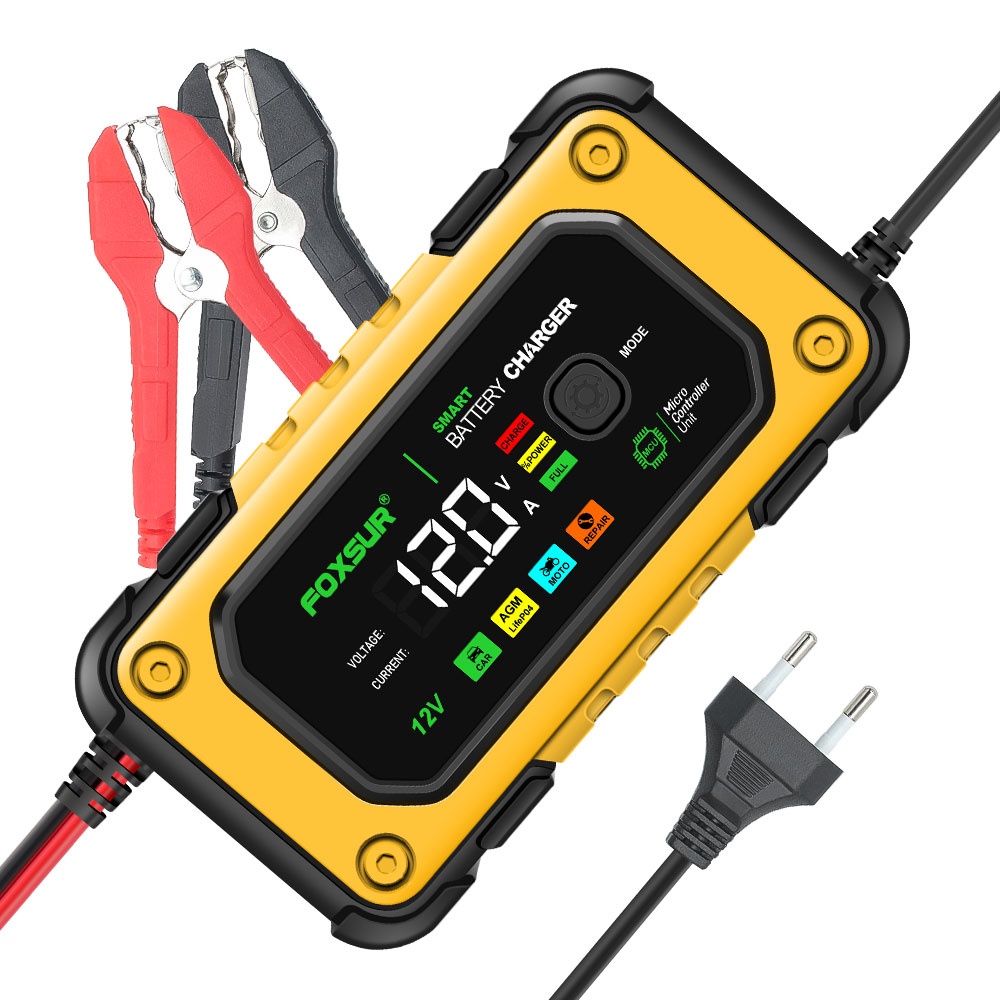 Oferte la Redresor Auto Digital FOXSUR 12V 7A cu Ecran LED, Încărcare Baterii Auto și Moto 4Ah-140Ah, Funcție de Reparație prin Impulsuri, Protecție Supratensiune și Supracurent, Galben