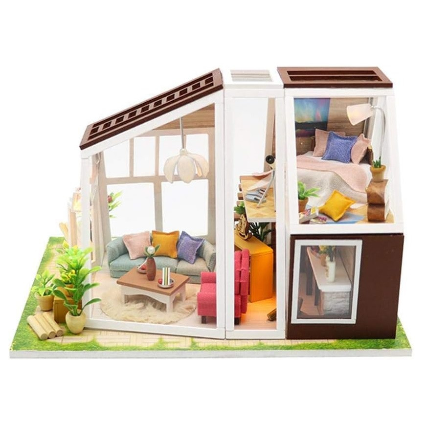 Casuta De Asamblat DIY Aurora, in miniatura din lemn cu mobilier, Joc interactiv, educational