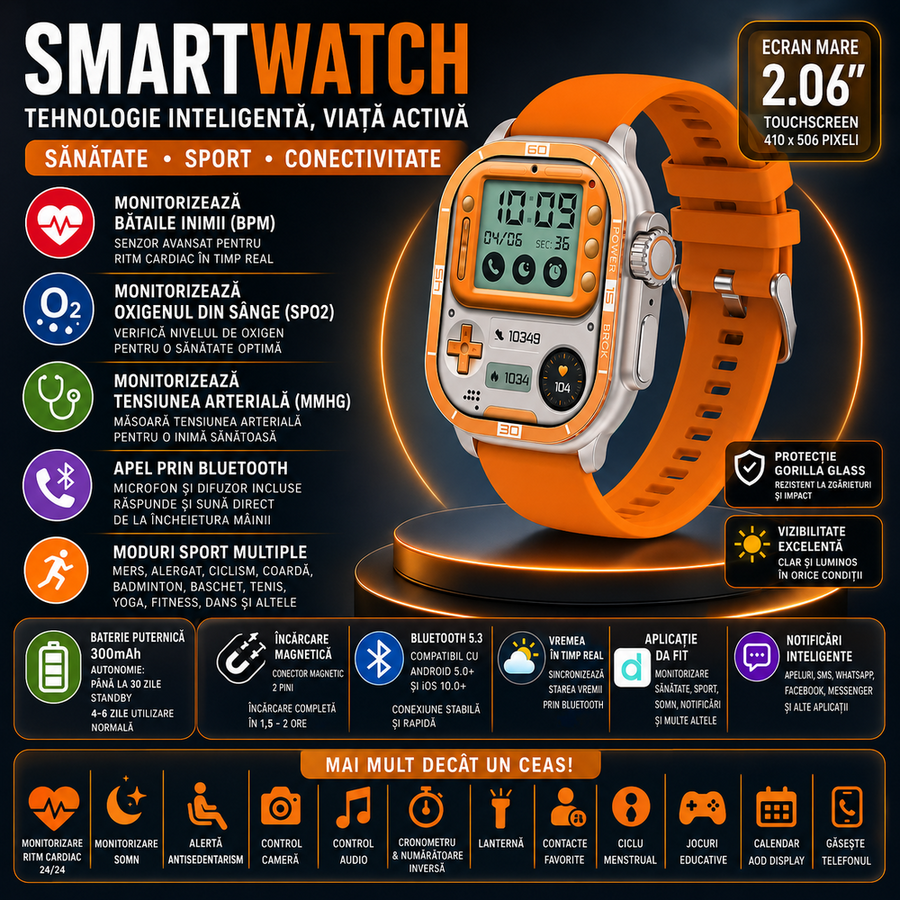 SmartWatch cu Apel Bluetooth, Meniu RO, Moduri Sport, Calorii, Distanta, Pasi, Ritm Cardiac, Nivel Oxigen, Tensiune Arteriala, Alarma, Calculator, Calendar S739