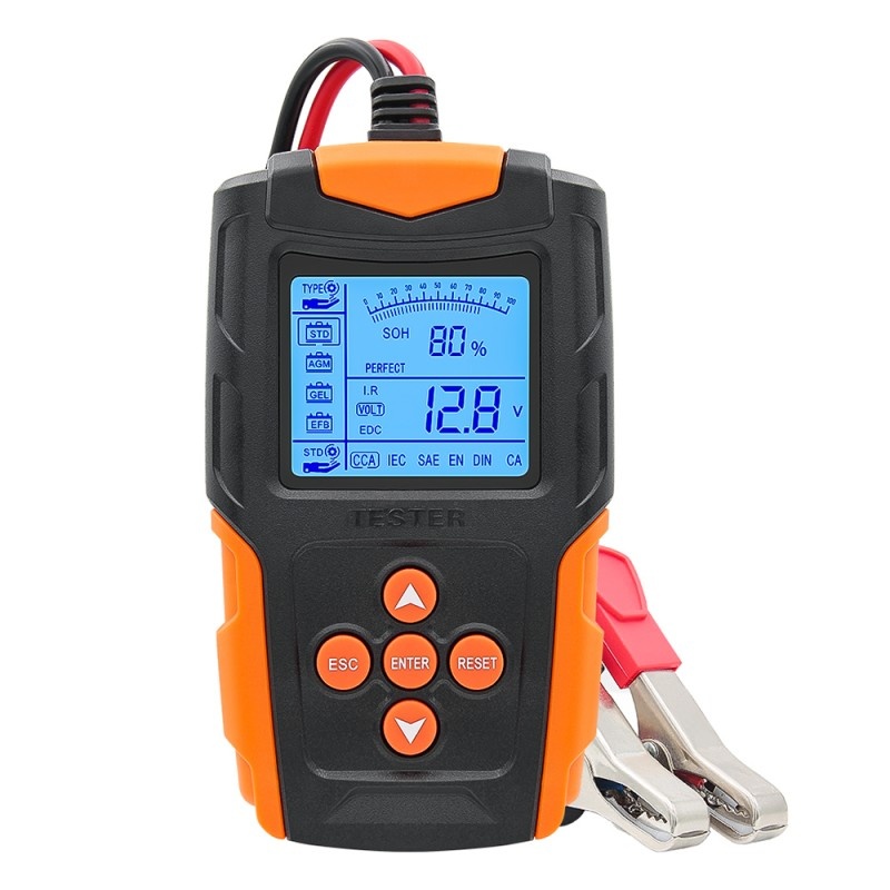 Oferte la Tester de baterie auto Techstar® FBT-200, 12V/24V, 100-2000 CCA, 3Ah - 200Ah, analizor digital baterie pentru masini, camioane, motociclete, SUV-uri, barci, Negru/Orange