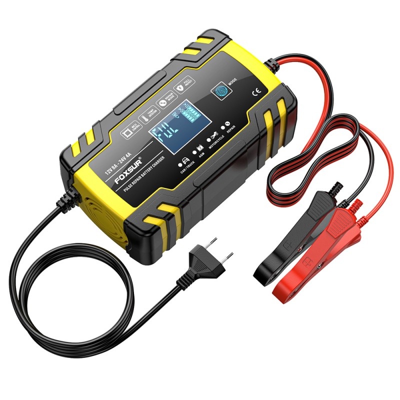 Oferte la Incarcator Baterie Auto Cu Microprocesor Foxsur B0228-Y, 12/24V, 4/8A, Display LCD, Functie De Reparare Cu Puls, 170x98x58mm, Galben