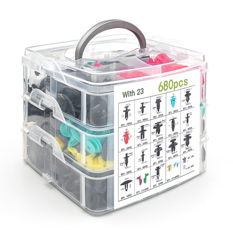 Oferte la Set 680 clipsuri / cleme auto de fixare universale Techstar® Repair Kit, plastic, 23 dimensiuni de la 5 mm la 100 mm, pentru usi, aripi, bare de protectie si scuturi, multicolor