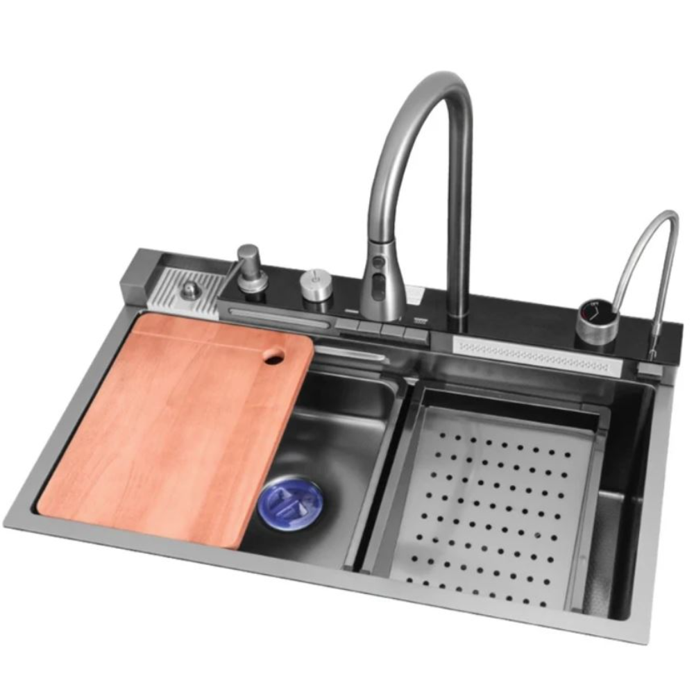 Oferte la Set chiuveta multifunctionala + baterie Hausberg HBC-9955NG, 1 cuva, otel inoxidabil, negru, 75 x 46 x 22 cm