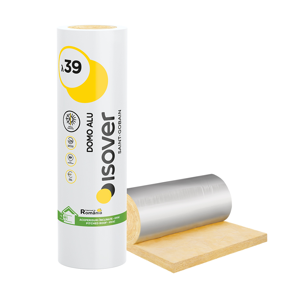 Oferte la Vata minerala de sticla Isover Domo Alu, caserata, cu folie de aluminiu, 50 x 12000 x 1200 mm