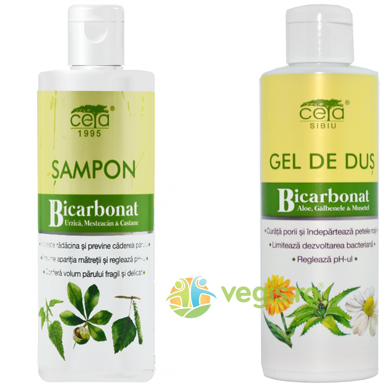 Oferte la Pachet Sampon cu Bicarbonat, Urzica, Mesteacan si Castane Flacon 200ml + Gel de Dus cu Bicarbonat, Aloe, Galbenele si Musetel Flacon 200ml