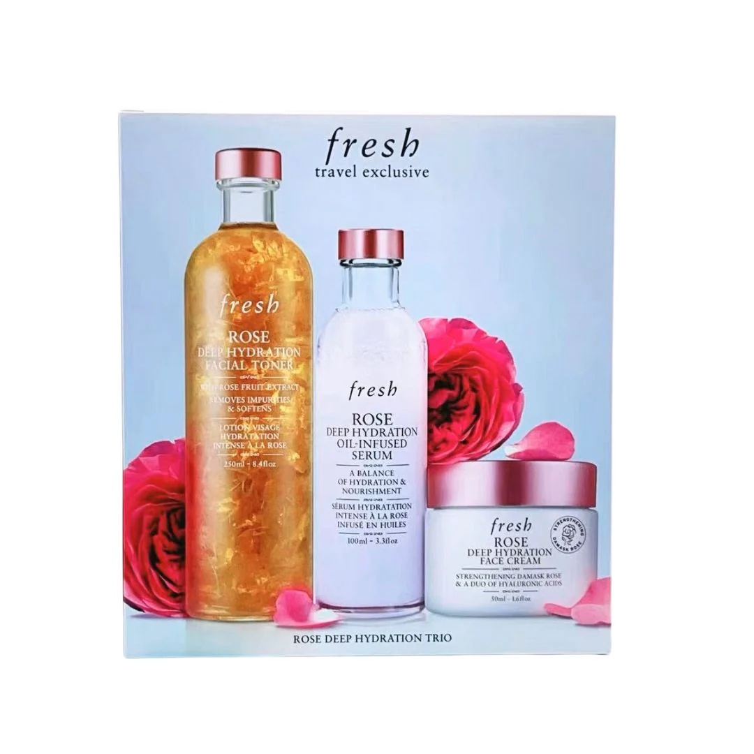 Oferte la Set Fresh Hydra Rose, Tonic pentru hidratare profunda cu trandafir, 100 ml + Ser infuzat cu ulei de hidratare profunda de trandafir 100 ml + Crema hidratanta profunda cu trandafir 15 ml (Gramaj: 100 ml)