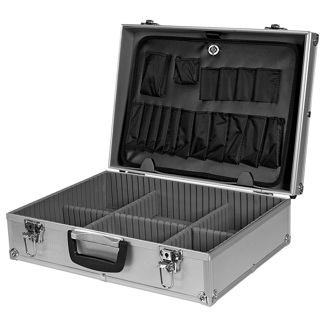 Oferte la Cutie pentru scule si unelte din aluminiu TOPEX cu 6 compartimente, captuseala protectoare si inchidere cu cheie, 45 x 15 x 32 cm