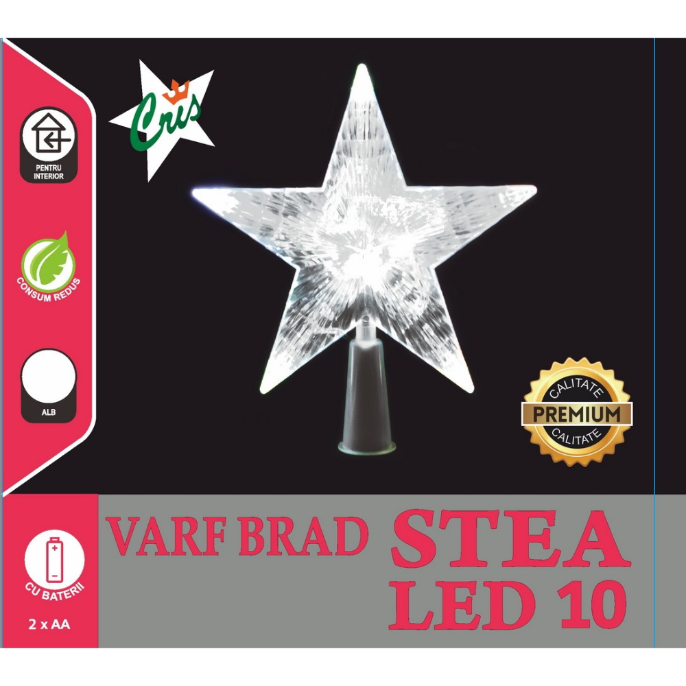 Oferte la Varf brad tip stea Craciun, Cris, 10 LED-uri albe, 15,5 cm, alimentare baterii