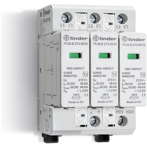Oferte la Descarcator la supratensiune fotovoltaic, 3+0, debrosabil fara semnalizare, 3P, tip C, 1020VDC Finder 7P.23.9.000.0015