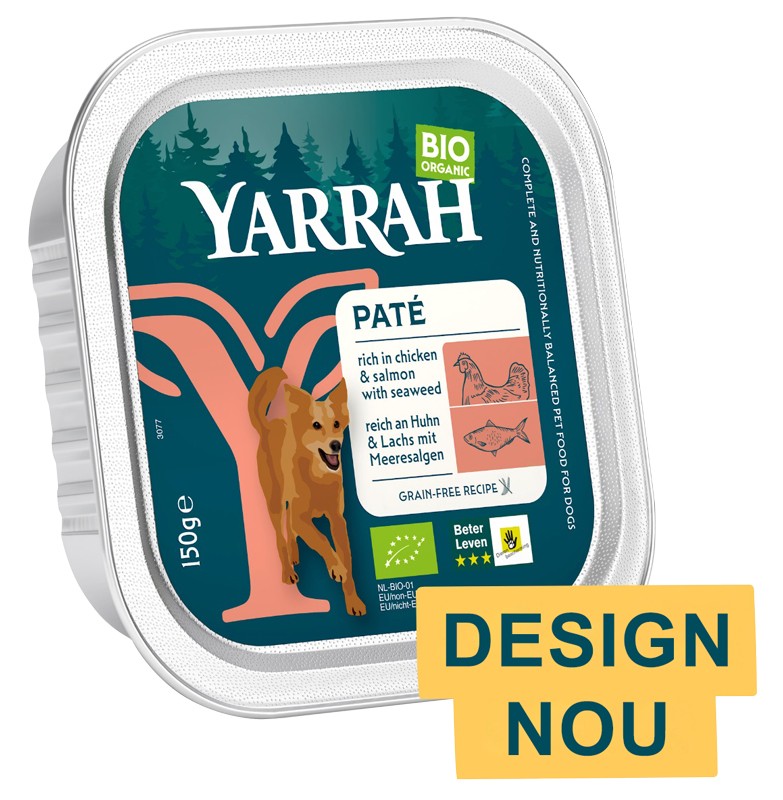Oferte la Hrana umeda bio pentru caini, bucati de carne de pui si somon, 150g Yarrah