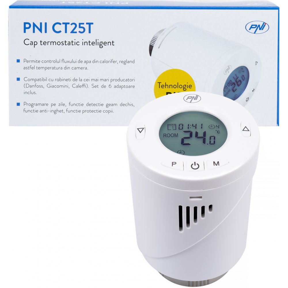 Oferte la Cap termostatic inteligent PNI CT25T pentru calorifer, se conecteaza fara fir cu Hub PNI CT25WIFI cu control prin Internet, aplicatie de mobil Tuya Sm