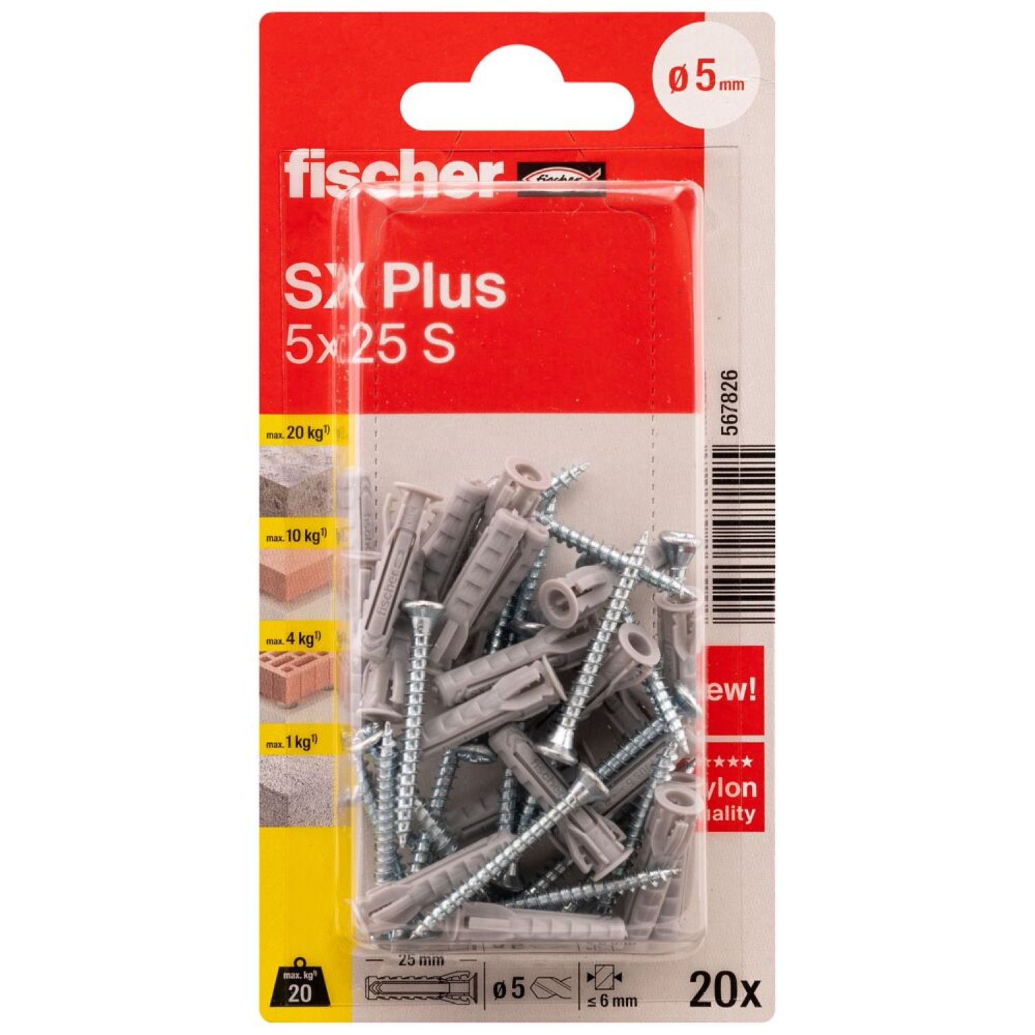Oferte la Diblu din nailon cu surub Fischer SX Plus, 5 x 25 mm, 20 bucati