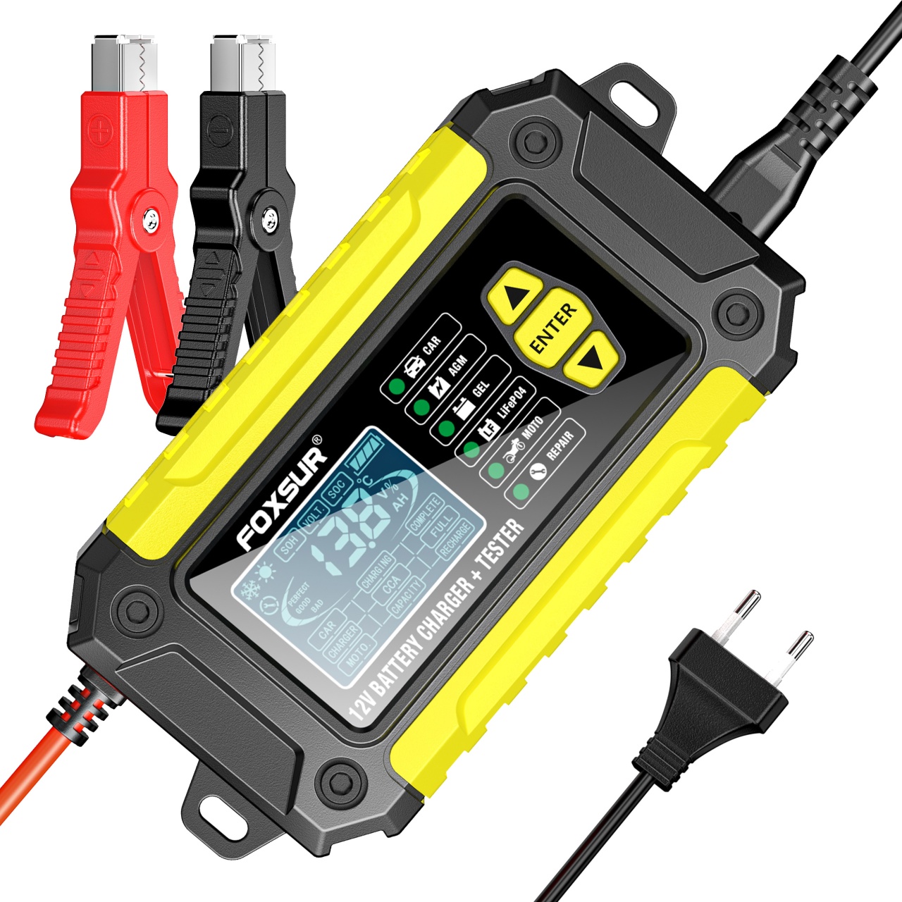 Oferte la Incarcator și Tester Baterie FOXSUR FTC-1206 2-in-1, 12V/6A – Redresor Inteligent pentru Baterii Auto si Moto cu Functii Desulfatare, Reparare prin Impulsuri, Galben/Negru