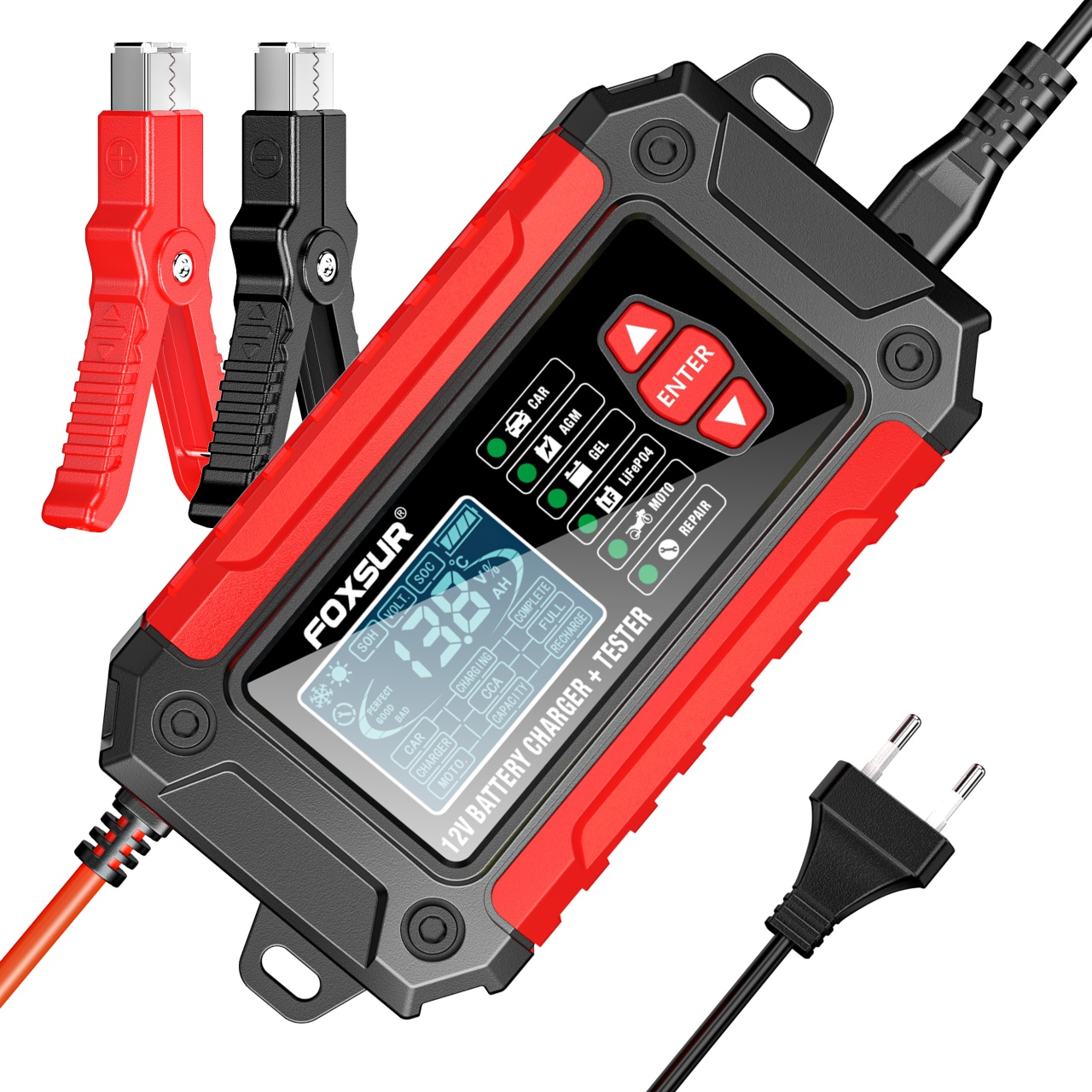 Oferte la Incarcator și Tester Baterie FOXSUR FTC-1206 2-in-1, 12V/6A – Redresor Inteligent pentru Baterii Auto si Moto cu Functii Desulfatare, Reparare prin Impulsuri, Rosu/Negru