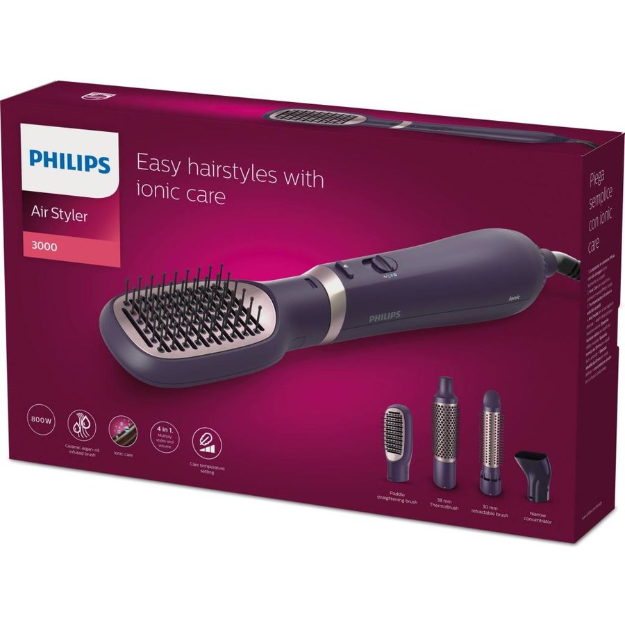 Oferte la Perie Aer Cald Seria 3000 Bha313/00 800w Tehnologie Cu Ioni 4 Accesorii Diametru Perie 38mm Setare Temperatura De Ingrijire Si Aer Rece Infuzata Cu Ulei De Argan Mov