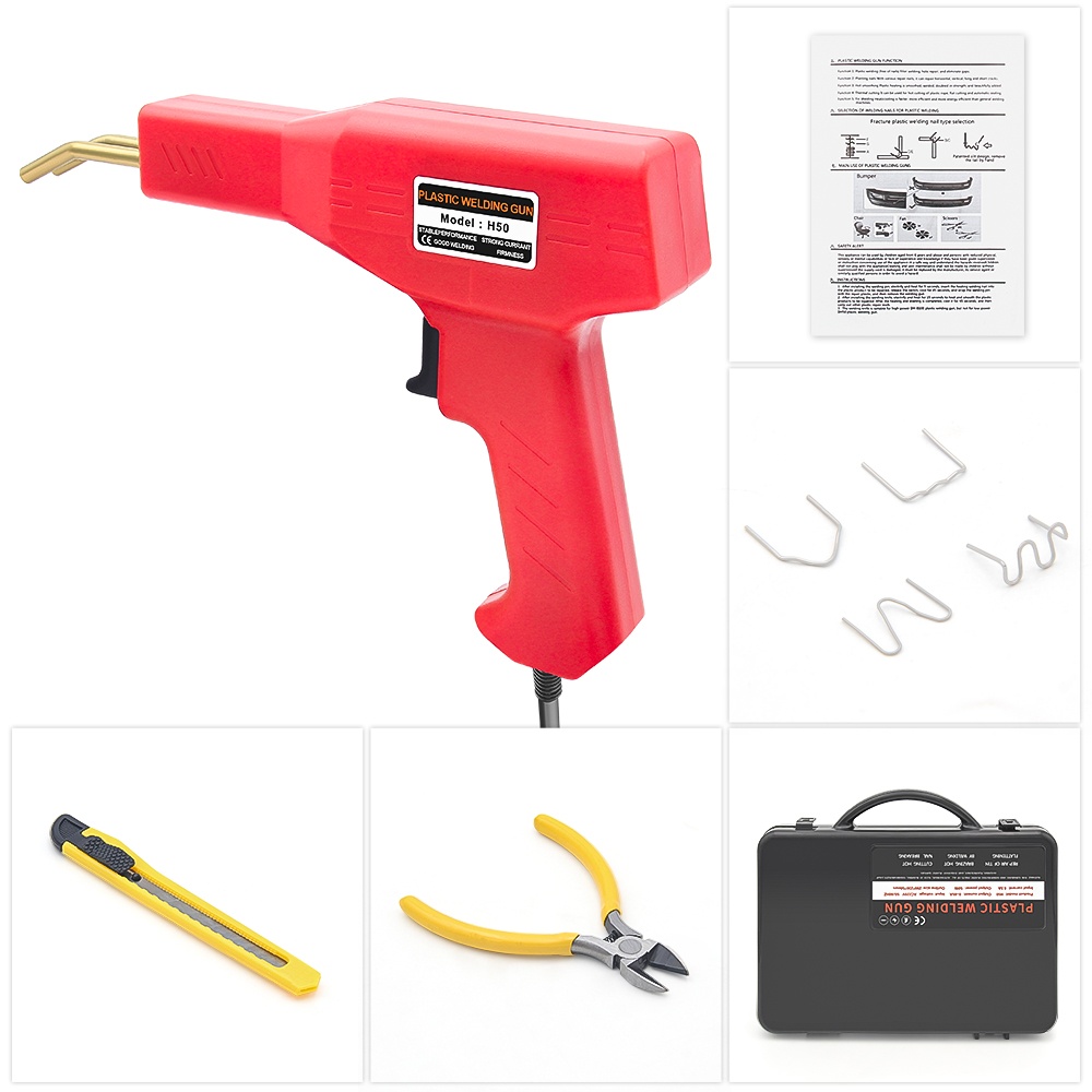 Oferte la Pistol Profesional de Lipit/Sudat Plastic, cu Trusa pentru Repararea Fisurilor, 50W, 200 Capse, Inclusiv Geanta de Transport, Rosu, Polipropilena