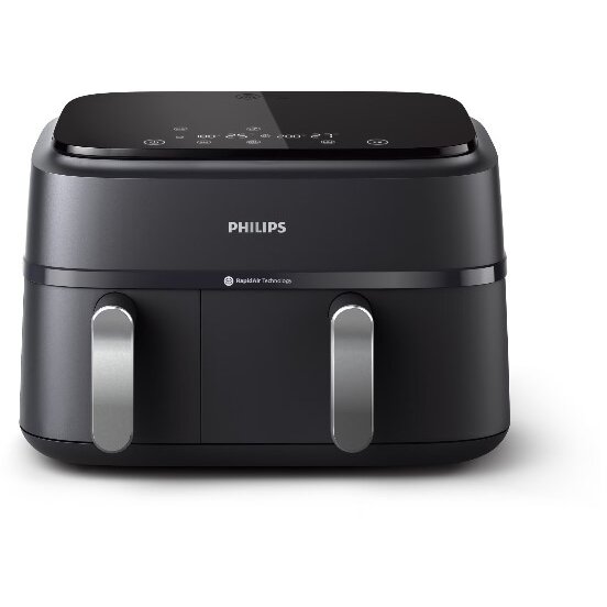 Oferte la Friteuza Dubla Fara Ulei Airfryer Seria 3000 NA351/00 Tehnologia Rapid Air 2 Recipiente De 2 Dimensiuni Afisaj Digital 8 Presetari Capacitate 9L Negru