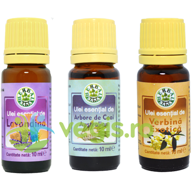 Oferte la Pachet Uleiuri Esentiale de Aromoterapie: Ulei de Lavandina (Lavanda) 10ml + Ulei de Tea Tree (Arbore de Ceai) 10ml + Ulei de Verbina Exotica 10ml