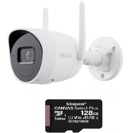 Camera Wifi Hikvision HiLook 2MP, lentila 2.8mm, IR 30m, microfon, difuzor, IP66 cu card 128GB inclus