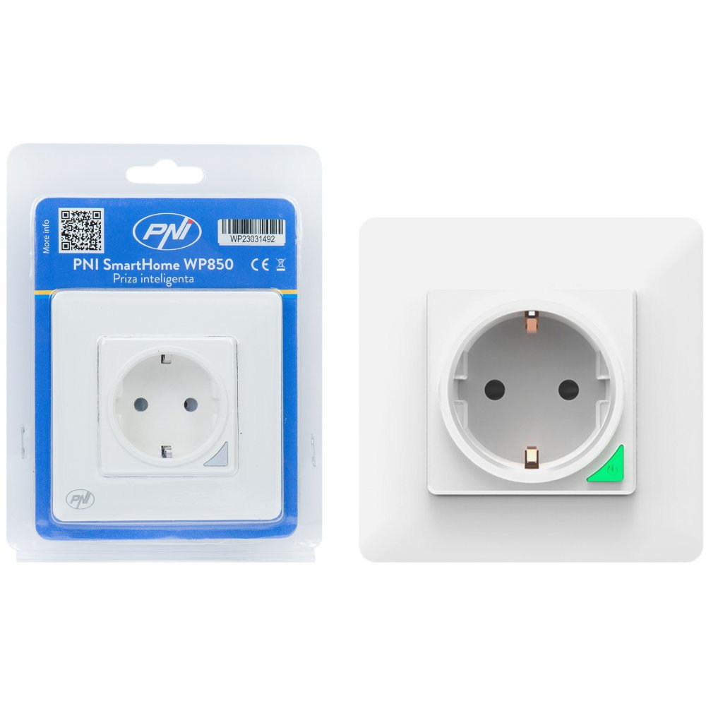 Priza inteligenta PNI SmartHome WP850 WiFi, montaj ingropat, control prin internet, aplicatie dedicata Tuya Smart, compatibila Amazon Alexa si Google 