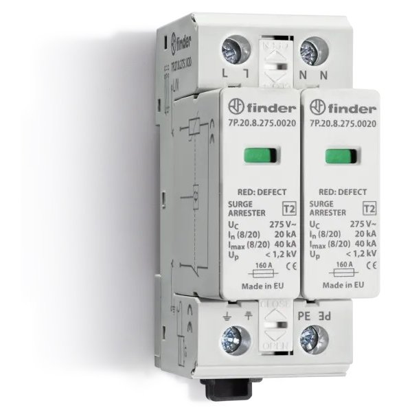 Descarcator la supratensiune Finder, 2+0, debrosabil fara semnalizare, 2P, tip C, 275VAC Finder 7P.27.8.275.0020
