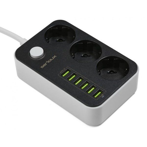 Oferte la Prelungitor cu protectie Serioux, 3 prize schuko, input 100-240V, 50- 60Hz, output (Total): 2500W - 10A, 6 porturi USB, USB Output SRXP-PS36B