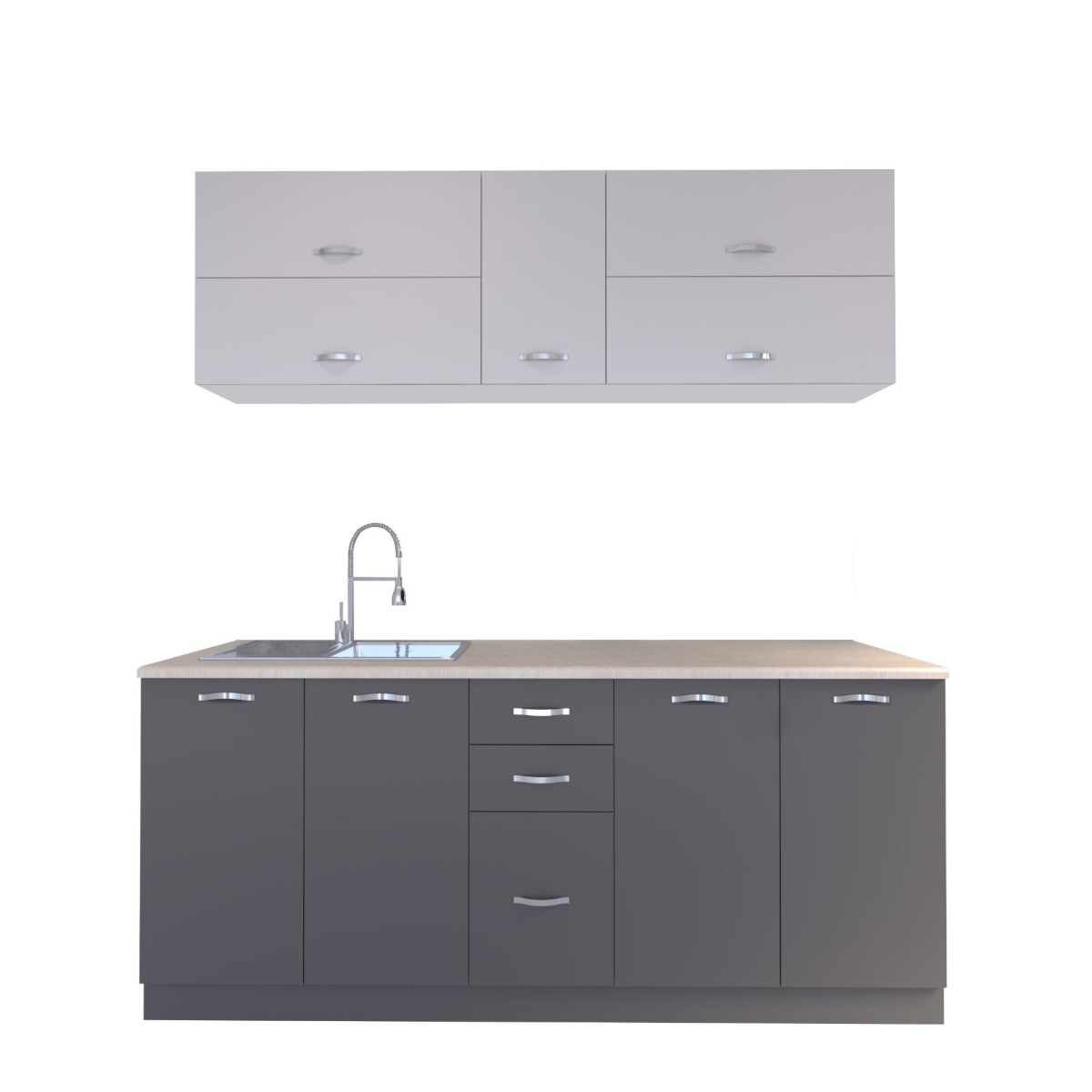 Mobila de bucatarie New - City PAL melaminat, alb/gri, blat inclus, lungime 2 m