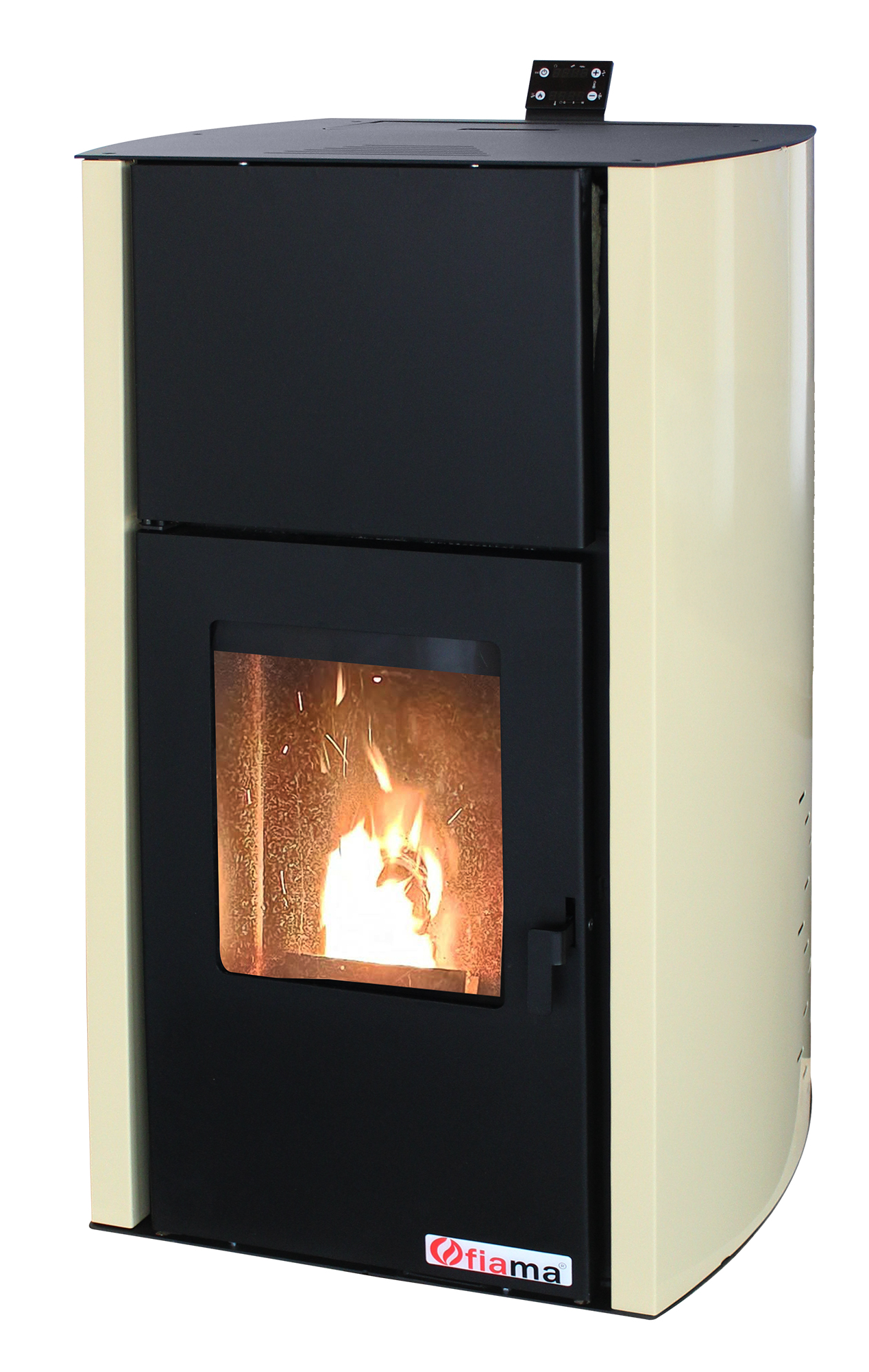 Termosemineu pe peleti Fornello Fiama Confort 18 kw complet echipat pentru incalzire pompa vas expansiune automatizare buncar peleti 15 kg  tiraj fortat culoare Crem aprindere automata pana la 120 mp