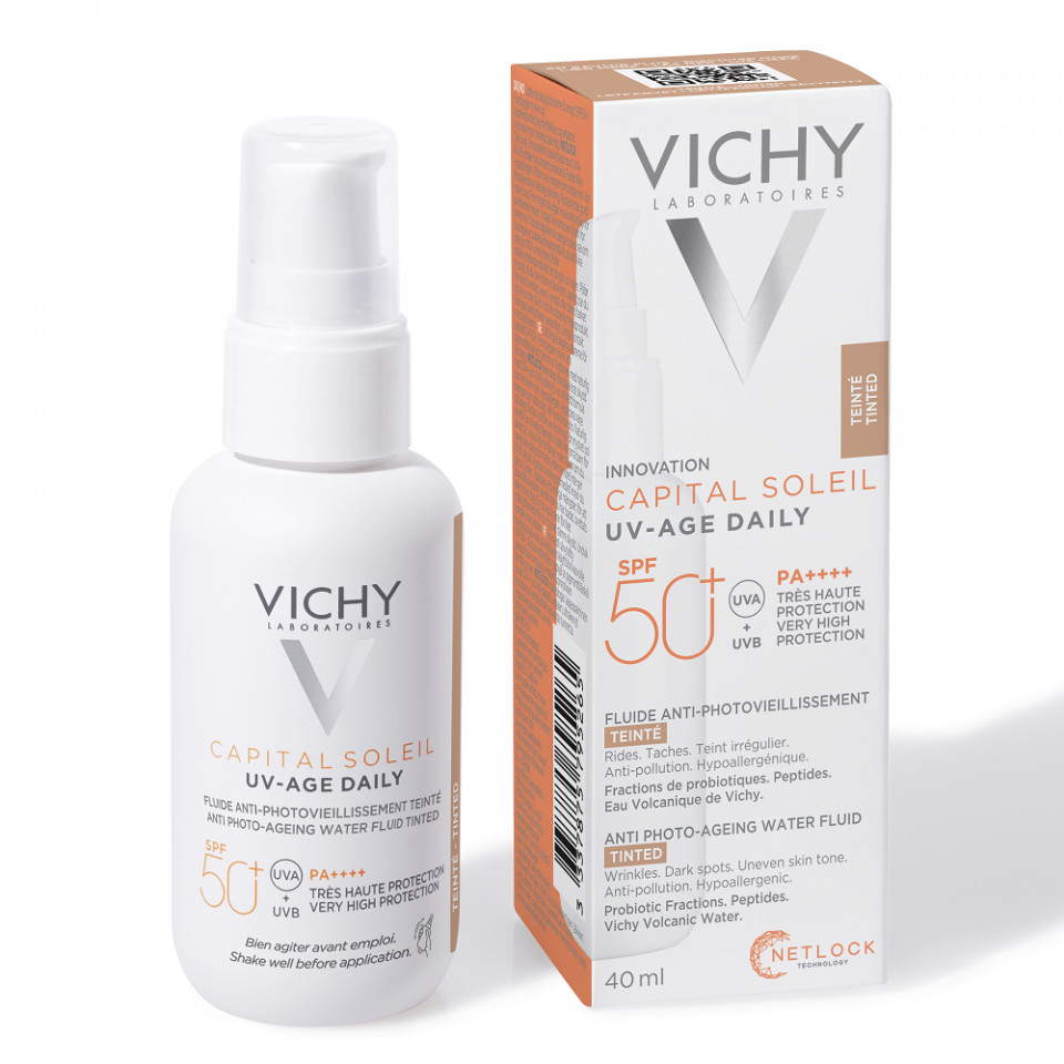 Oferte la Fluid colorat SPF 50+ cu actiune impotriva foto-imbatranirii tenului, Vichy CAPITAL SOLEIL UV AGE, 40 ml (Gramaj: 40 ml, Concentratie: Fluid, Culoare produse: deschis-mediu)