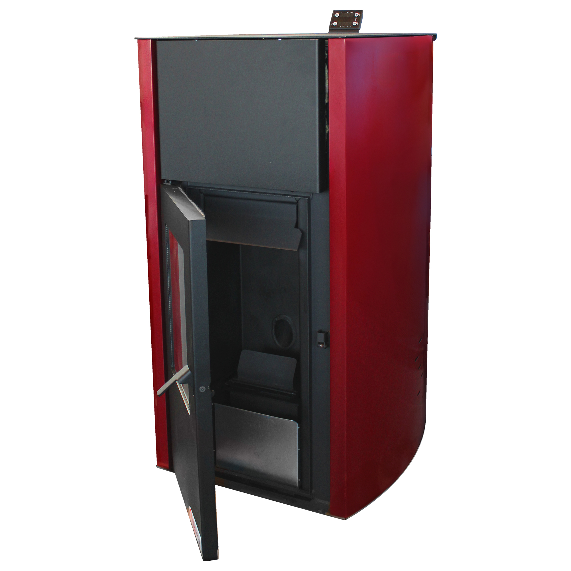 Pachet control de la distanta Termosemineu pe peleti Fornello Fiama Confort 25 kw culoare Bordeaux complet echipat pentru incalzireKit evacuare 3.5 ml Pompa Vas expansiune Automatizare Termostat ambiental Salus IT 500 Aspirator Cenusa