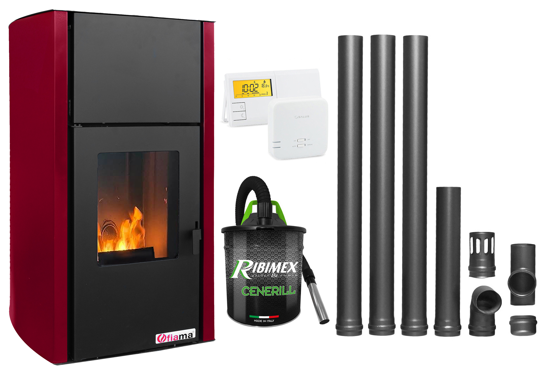 Pachet Termosemineu pe peleti Fornello Fiama Confort 25 kw culoare Bordeaux complet echipat pentru incalzire Pompa Vas expansiune Automatizare Termostat Radio Comanda Salus 091FLRFV2 Aspirator Cenusa si Kit evacuare 3.5 ml
