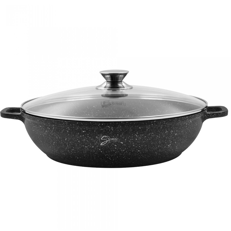 Oferte la Cratita din Aluminiu Turnat TOL281-CC 4.1L 28x8CM Invelis Marmura Antiaderenta Capac Sticla Termorezistenta Negru
