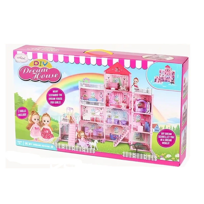 Oferte la Casuta roz pentru papusi, cu 3 etaje si mobilier, 80x72 cm – set de joaca DIY Dream House